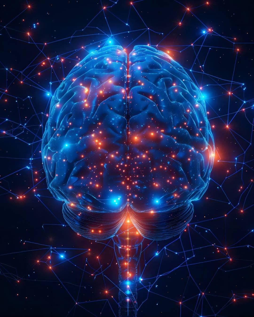 brain illustration organ with glowing blue lines network mapping futuristic visualization