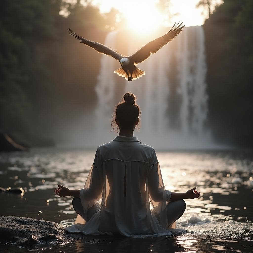 person mediterar vid vattenfall solnedgangen orn flyger