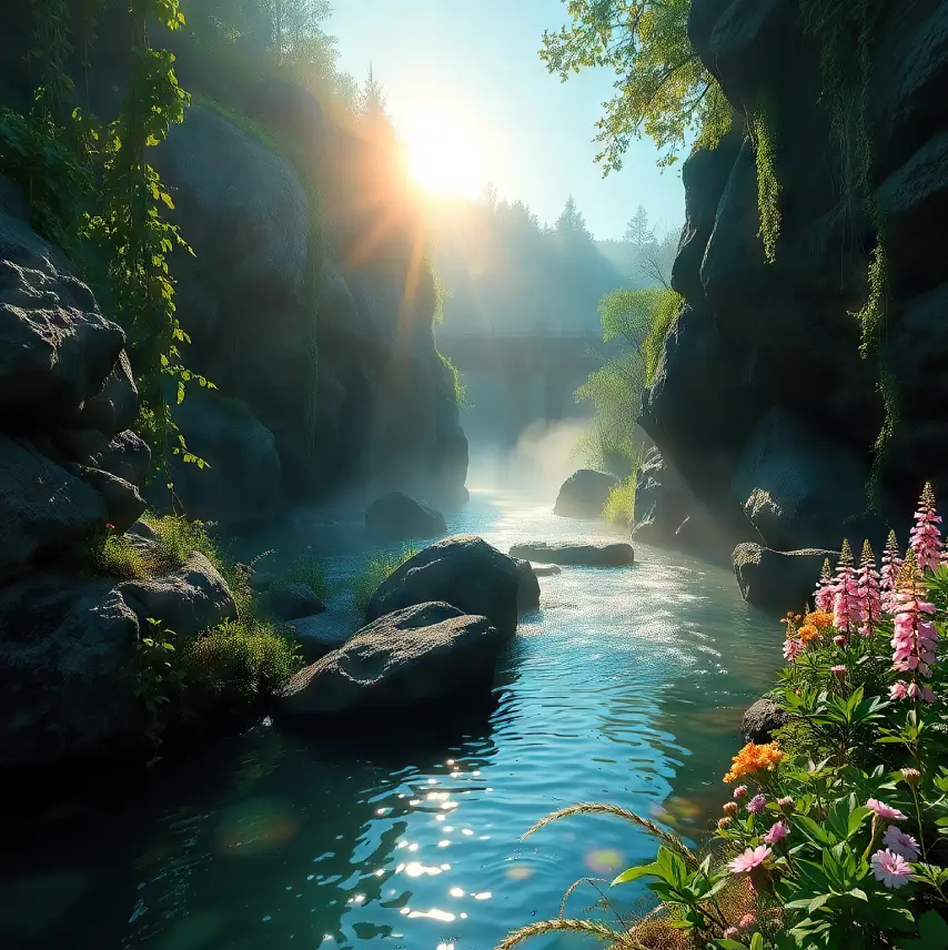 soluppgang berg flod i terapeutisk imagination