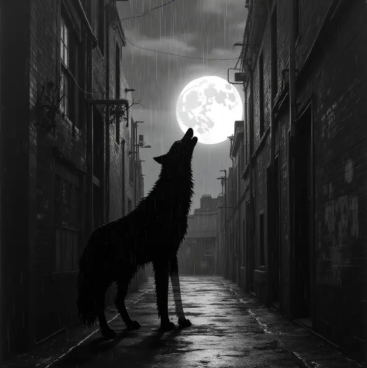 svartvit varg natt stad skuggarbete active imagination